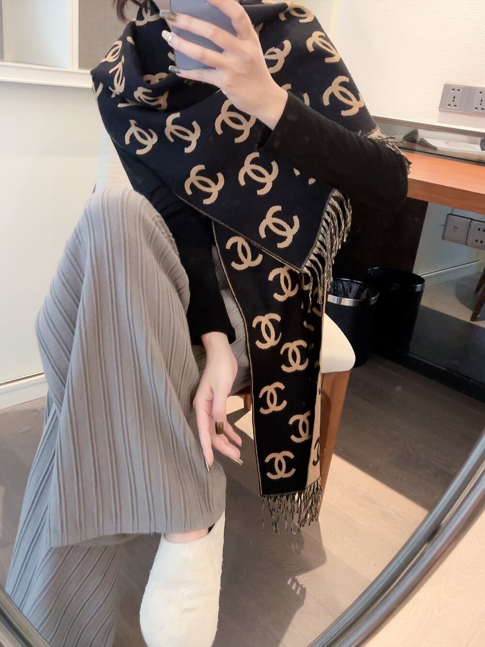 Chanel Interlocking Motif Fringed Scarf