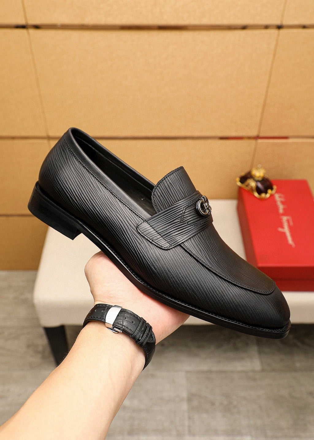 Ferragamo Black Textured Leather Loafers - Rubber Outsole
